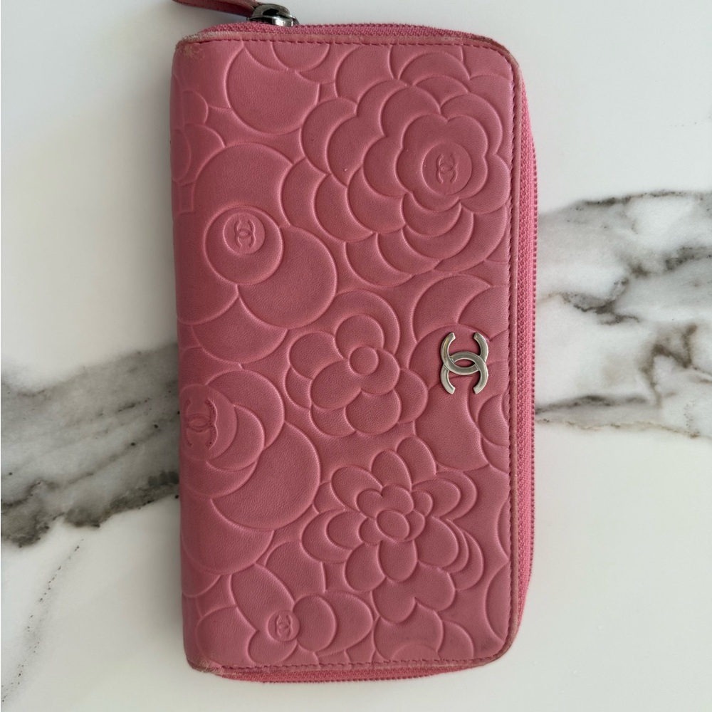 Chanel Pink Camellia Embossed Wallet